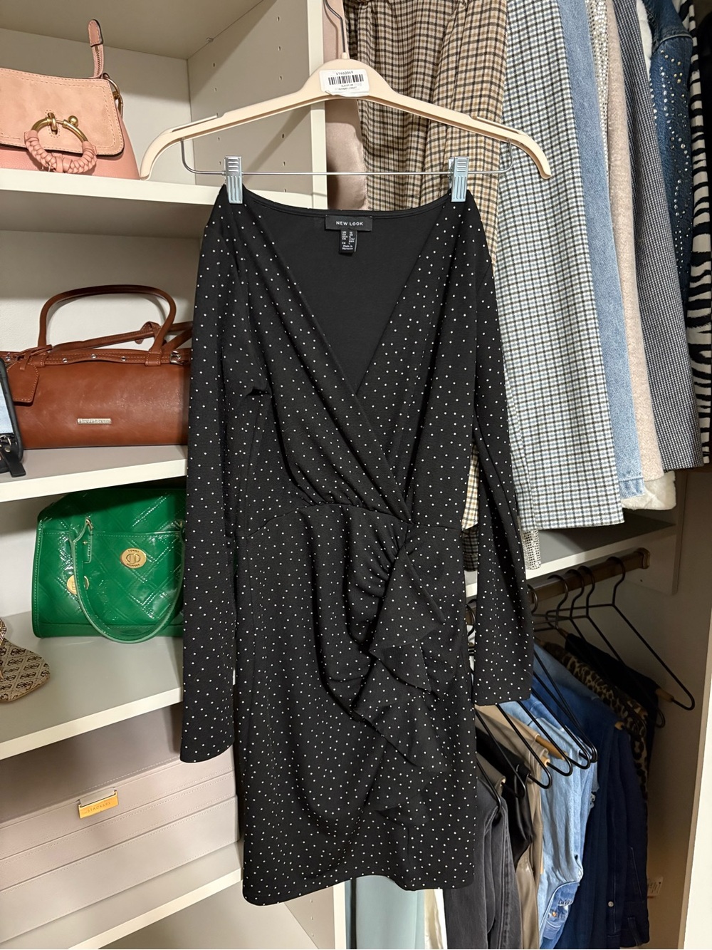 New Look Black Long-Sleeve Polka Dot Wrap Dress